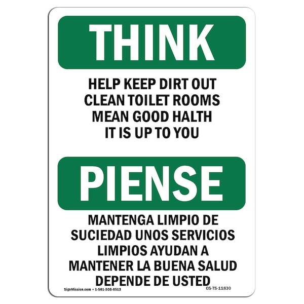 OSHA THINK Sign, Help Keep Dirt Out Bilingual, 18in X 12in Aluminum, 12" W, 18" L, Landscape